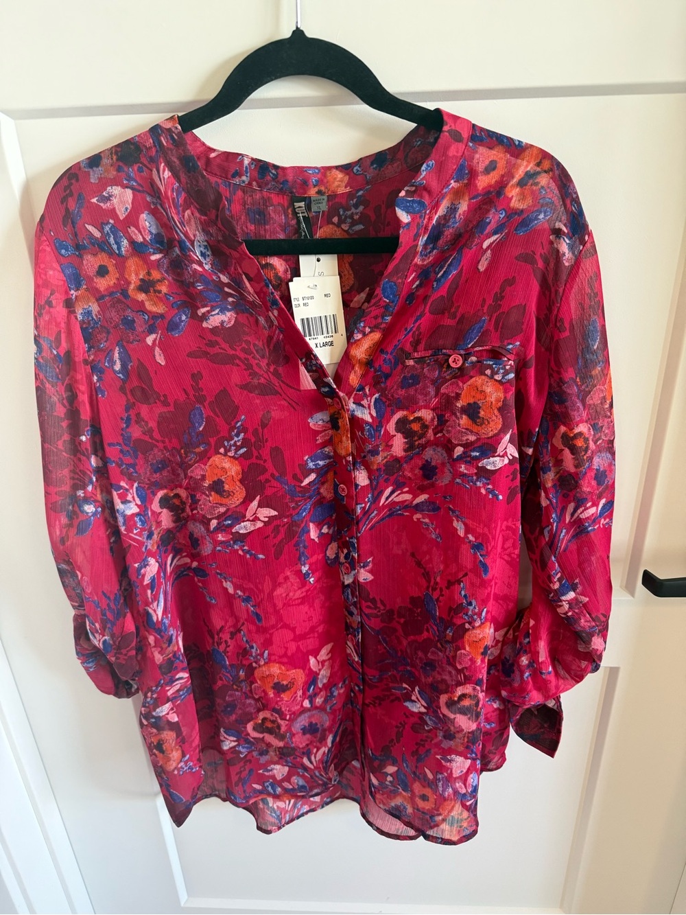 NWT Kut From The Kloth Sinclair Floral Button Down Blouse Red XL Sheer